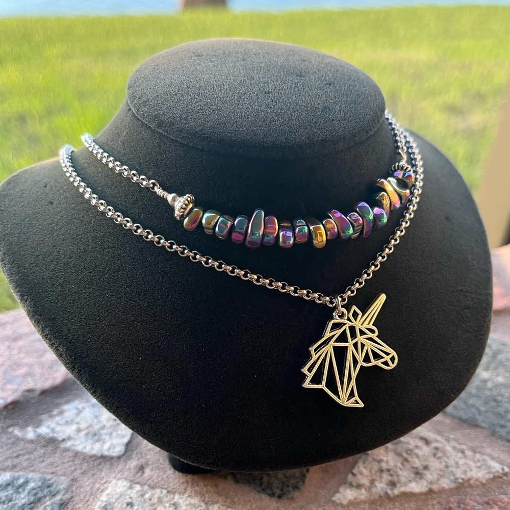 Double layer unicorn rainbow stones stainless steel adjustable choker necklace - Picture 1 of 12